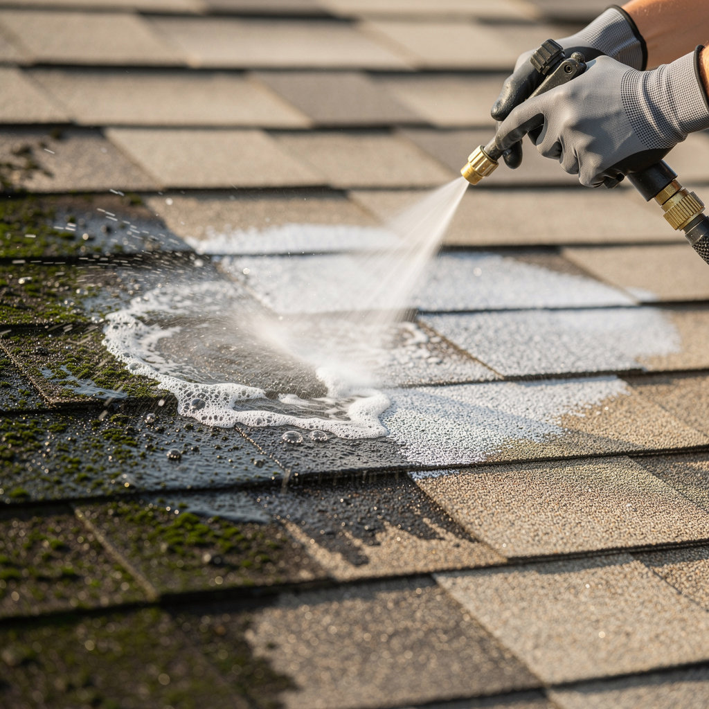 Nashville Pressure Pros performing expert soft wash roof cleaning on a Nashville home
